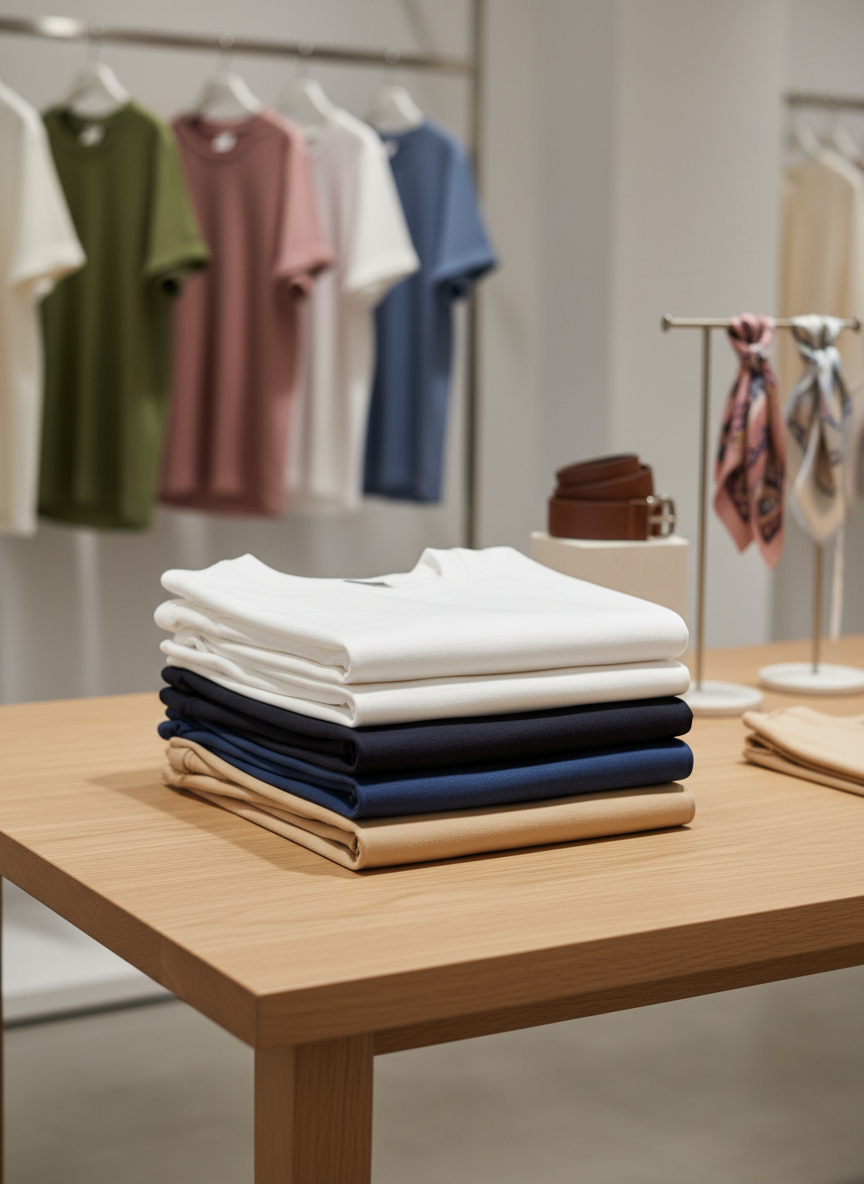 A neatly folded collection of premium cotton T-shirts in solid neutral tones—white, charcoal, navy, and beige—stacked on a smooth light oak display table. Subtle fabric texture and fine stitching are clearly visible, emphasizing quality. In the background, softly blurred racks display coordinated tops and bottoms in complementary colors, along with a few minimalist accessory stands holding belts and scarves. Soft studio lighting from above and slightly to the side creates gentle highlights on the fabric folds and natural shadows beneath the stack. Shot at eye level with a shallow depth of field, the mood is professional, calm, and aspirational, perfectly suited for a modern fashion retail homepage in realistic photographic style.