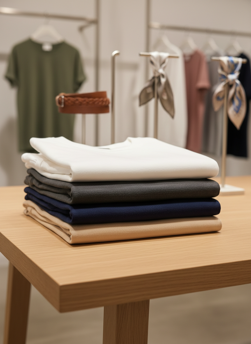 A neatly folded collection of premium cotton T-shirts in solid neutral tones—white, charcoal, navy, and beige—stacked on a smooth light oak display table. Subtle fabric texture and fine stitching are clearly visible, emphasizing quality. In the background, softly blurred racks display coordinated tops and bottoms in complementary colors, along with a few minimalist accessory stands holding belts and scarves. Soft studio lighting from above and slightly to the side creates gentle highlights on the fabric folds and natural shadows beneath the stack. Shot at eye level with a shallow depth of field, the mood is professional, calm, and aspirational, perfectly suited for a modern fashion retail homepage in realistic photographic style.