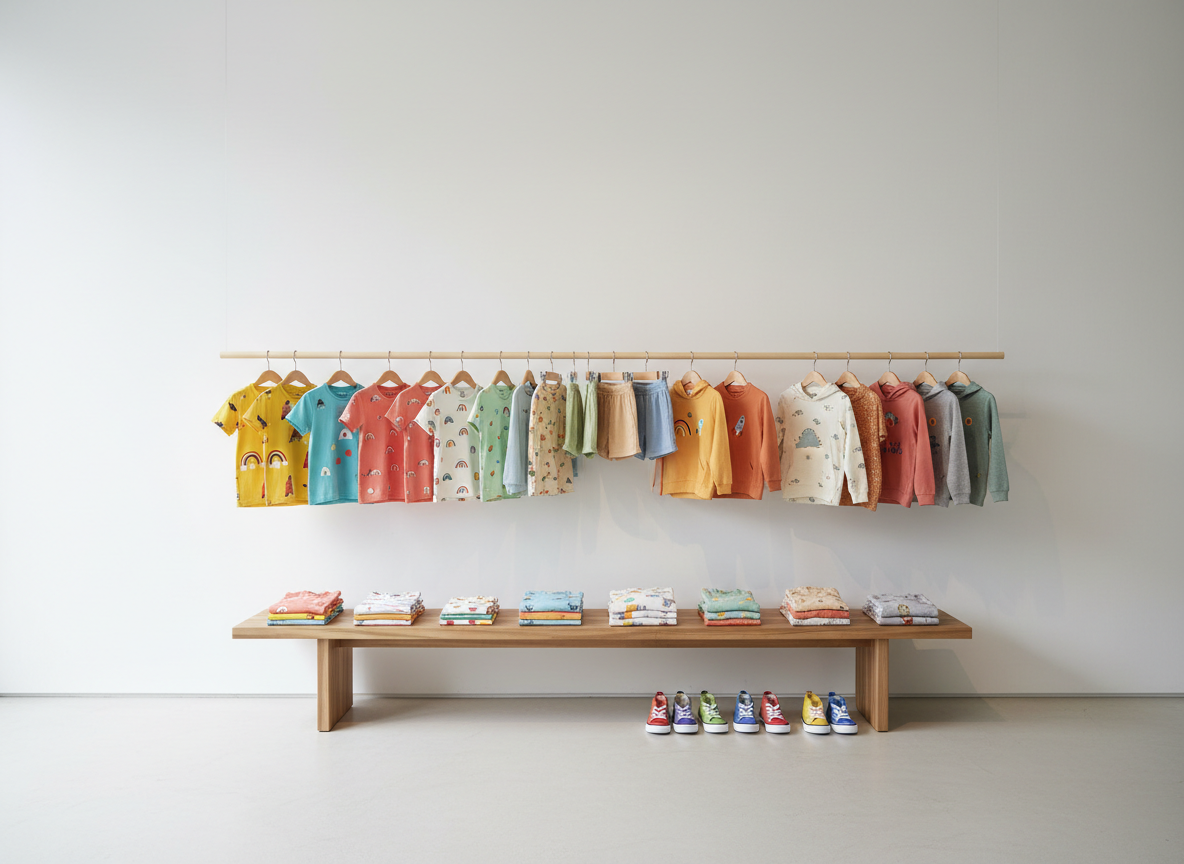 A vibrant display of kids’ clothing hanging on minimalist wooden hangers along a matte white wall, featuring colorful printed T-shirts, soft cotton shorts, and cozy hoodies with playful yet simple patterns. Below, a low natural wood bench holds neatly stacked pajamas and small, bright sneakers. The floor is light concrete, adding a contemporary gallery-like feel. Soft, even overhead lighting keeps colors true and shadows minimal, while a slightly elevated, wide-angle composition captures the full arrangement with sharp clarity. The atmosphere is cheerful, tidy, and family-friendly, highlighting quality materials and comfort in a modern photographic style suitable for a kidswear category page.
