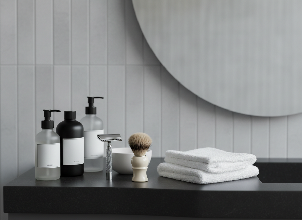 An elegant grooming and personal care corner on a sleek bathroom vanity: matte black and frosted glass bottles of skincare, a chrome safety razor, a soft-bristled shaving brush, and a neatly folded white hand towel on a dark stone countertop. A round frameless mirror reflects a blurred, minimalist tiled wall. Cool, diffused morning light enters from an unseen window, catching subtle gleams on metal edges and the soft texture of the towel. Shot from a slightly elevated angle with selective focus on the foreground products, the background fades into a gentle bokeh. The mood is clean, sophisticated, and calm, conveying premium beauty and grooming offerings in realistic photographic detail.