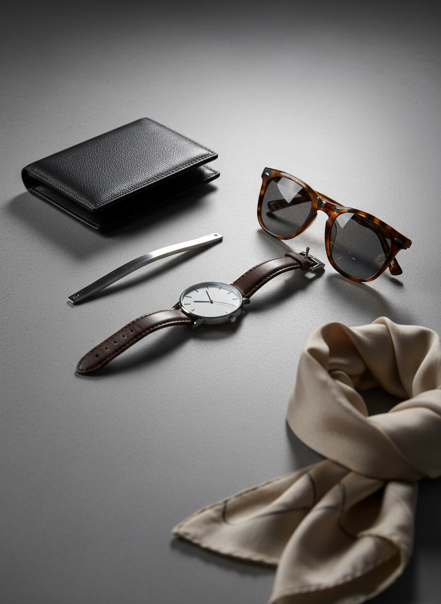 A refined accessories showcase on a matte stone surface: a structured leather wallet, a slim metallic bracelet, a minimalist analog watch with a leather band, and a pair of polished sunglasses with tinted lenses. Each item is arranged diagonally to lead the eye across the frame. A neutral-toned silk scarf, partially coiled, adds fluid texture at the edge of the composition. Directional studio lighting from the left creates crisp, controlled shadows and luminous highlights on metal and glass surfaces. Captured at a low, side-on angle with a shallow depth of field that subtly blurs the far edge of the arrangement, the mood is sleek, modern, and aspirational, ideal for a fashion accessories or gifts category in realistic photographic style.