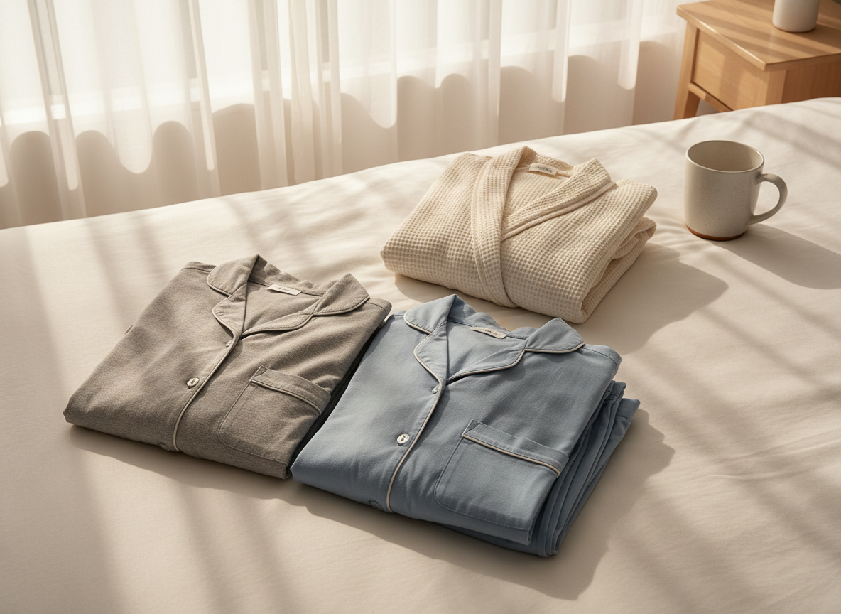 A cozy sleepwear scene featuring a pair of neatly arranged cotton pajama sets—one in soft heather gray, the other in pastel blue—spread across a crisp white duvet. Nearby, a folded robe with a subtle waffle texture rests atop the bed, alongside a simple ceramic mug on a light wood bedside table. Warm, golden-hour light streams through sheer curtains, creating gentle shadows in the fabric folds and a tranquil glow across the room. Captured from an overhead perspective, the composition emphasizes the softness and comfort of the garments, with sharp focus on textures and stitching. The atmosphere is serene and inviting, aligning with a professional yet comfortable fashion retail brand in realistic photographic style.